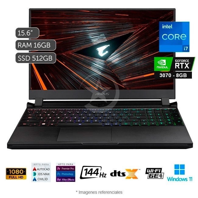 Laptop Gigabyte Aorus 5 SE4-73SH, Intel Core i7-12700H 3.5GHz, RAM 16GB, Sólido SSD 512GB PCIe, Video 8GB Nvidia GeForce RTX 3070, LED 15.6" Full HD a 144 Hz, Windows 11 Home