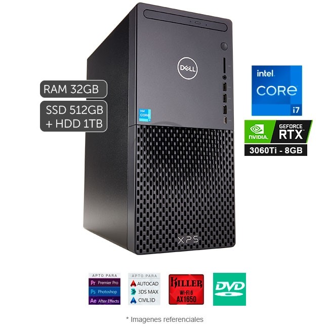 PC Dell XPS 8940 Intel Core i7-11700 2.5GHz, RAM 32GB, HDD 1TB + Sólido SSD 512GB PCIe, Video 8 GB Nvidia RTX 3060Ti, WiFI, DVD, Windows 10 Home