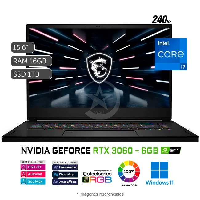 Laptop MSI Stealth GS66 10UE Gaming, Core i7-11800H 2.3 GHz, RAM 16GB, Sólido SSD 1 TB PCIe, Video 6 GB Nvidia GeForce RTX 3060, LED 15.6" Full HD a 240Hz, Windows 11 Home