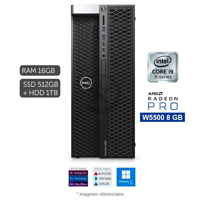 PC WorkStation DELL Precision T5820 Intel Core™ i9-10900X 3.7 GHz, RAM 16GB, Sólido SSD 512GB + HDD 1TB, Video AMD Radeon Pro W5500 de 8GB, DVD, Windows 11 Pro