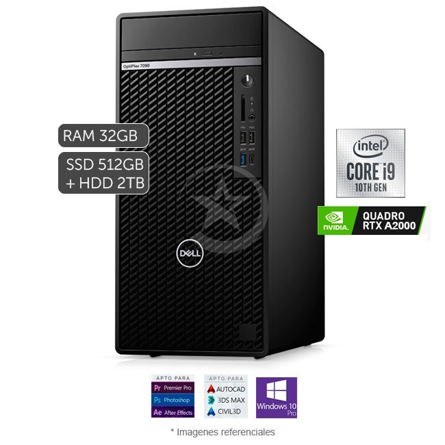 PC DELL OptiPlex 7090 Torre, Intel Core i9-10900 2.8 GHz, RAM 32GB, Disco Sólido de 512GB + HDD 2TB, Gráficos Nvidia Quadro RTXA2000 de 6GB, Windows 10 Pro