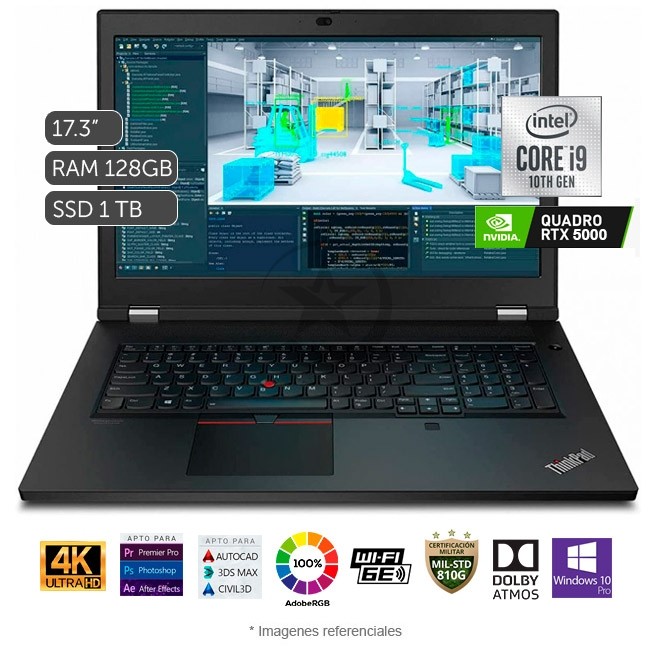 Workstation Laptop Lenovo ThinkPad P17, Intel Core i9-10980HK 2.4GHz, RAM 128GB, Sólido SSD 1TB PCIe, Video 16 GB Nvidia Quadro RTX 5000, Pantalla 17.3\" UHD 4K 100% Adobe, Windows 10 Pro