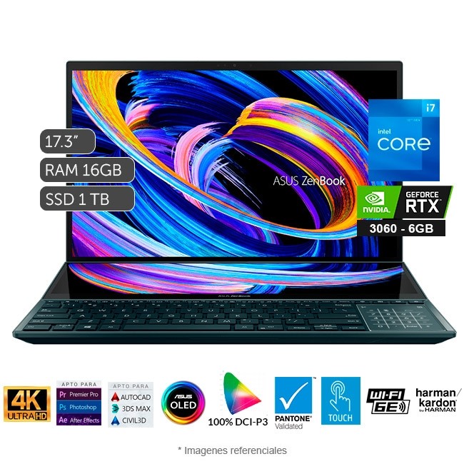 Laptop Asus ZenBook Pro Duo 15 UX582ZM Intel Core i7-12700H 3.5GHz, RAM 16GB, Sólido SSD 1TB, Video 6 GB NVIDIA RTX 3060, Pantalla OLED 15.6\" UHD 4K Táctil + ScreenPad Plus 14\", Windows 11 Home