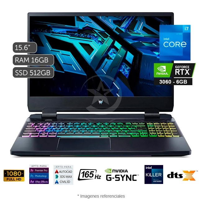 Laptop Acer Predator Helios 300 PH315-55 Gaming, Core i7-12700H 2.3 GHz, RAM 16GB, Sólido SSD 512GB PCIe, Video 6 GB Nvidia RTX 3060, LED 15.6\'\' Full HD a 165Hz, Windows 10 Home