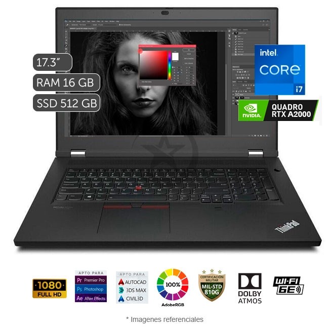 Laptop Lenovo ThinkPad P17 Gen 2 Intel Core i7-11800H 2.3GHz, RAM 16GB, Sólido SSD 512GB PCIe, Video 4 GB NVIDIA Quadro RTX A2000, Pantalla 17.3" Full HD 100% sRGB, Windows 10 Pro