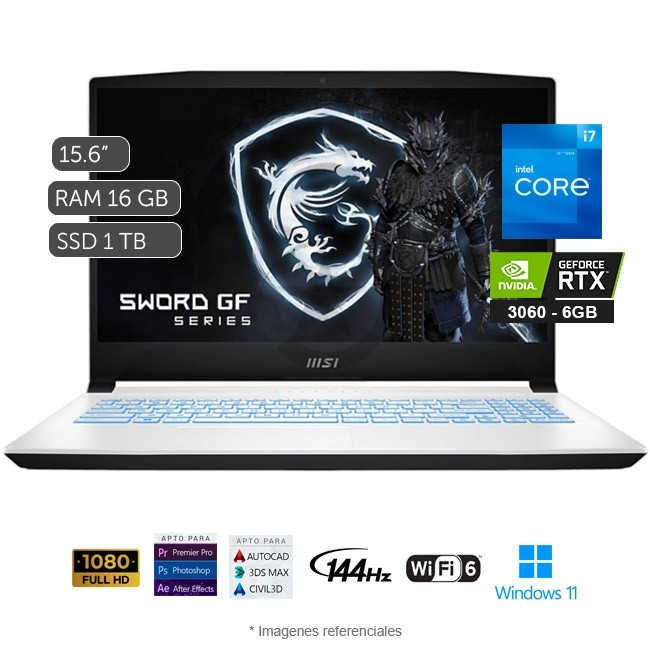 Laptop MSI Sword 15 A12UE Gaming, Intel Core i7-12650H Hasta 4.7 GHZ, RAM 16GB, Sólido SSD 1TB PCIe, Video 6 GB Nvidia RTX 3060, LED 15.6" Full HD a 144 Hz, Windows 11 Home