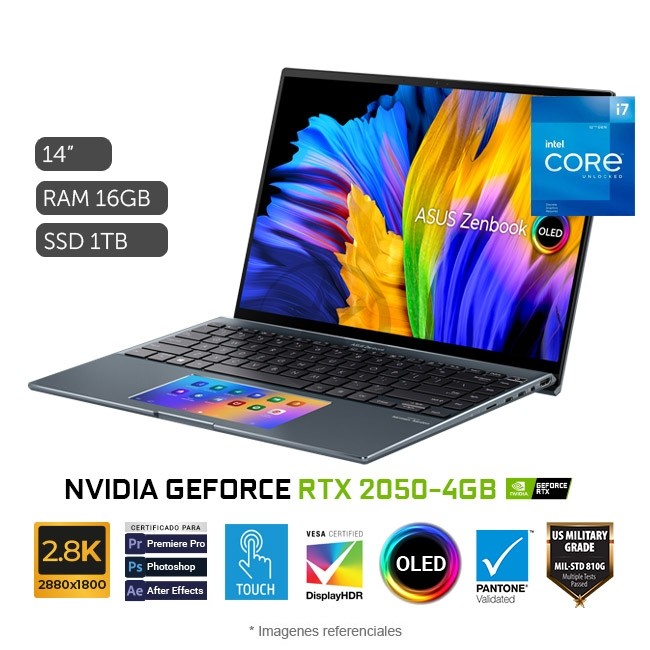 Laptop Asus ZenBook 14X OLED (UX5400ZF) Core i7-1260P de 2.1 GHz, RAM 16GB, SÃ³lido SSD 1TB PCIe, Video 4GB NVIDIA GeForce RTX2050, LED 14" OLED 2.8K TÃ¡ctil, Windows 11 Home
