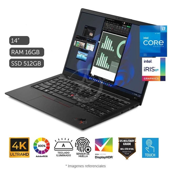 Ultrabook Lenovo ThinkPad X1 Carbon Gen10, Core i7-1260P Hasta 4.7 GHz, RAM 16GB, Sólido SSD 512GB, LED 14" WQUXGA 4K Táctil, Windows 11 Pro