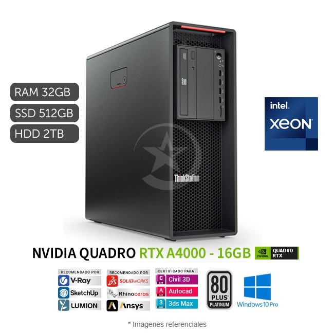 PC WorkStation Lenovo ThinkStation P520 Tower, Intel Xeon W-2135 3.7 GHz, RAM 32GB DDR4-ECC, Sólido SSD 512GB + HDD 2TB, Video NVIDIA Quadro RTX A4000 de 16GB, Windows 10 Pro