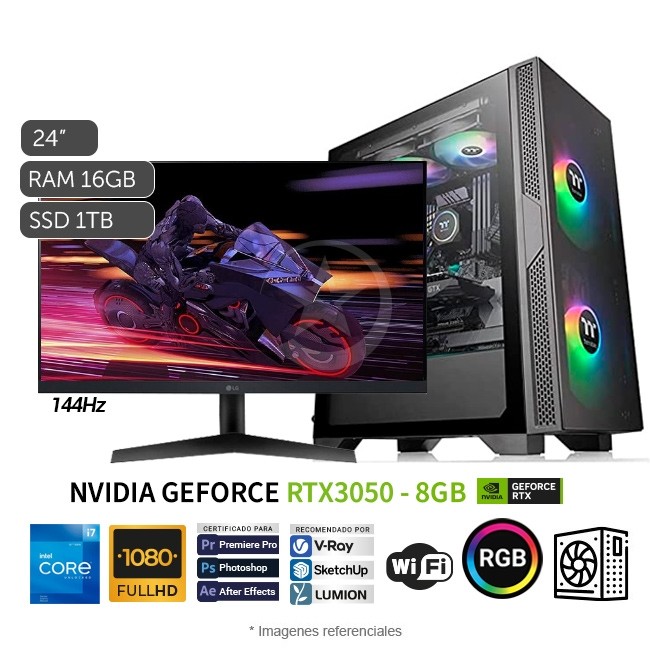 PC MAGIC Gold Elite Gaming, Intel Core i7-12700F 3.6 GHz, RAM 16GB, SSD 1TB, Video 8GB NVDIA RTX3050, Wi-Fi, Monitor Gamer LG UltraGear 24'' 144Hz