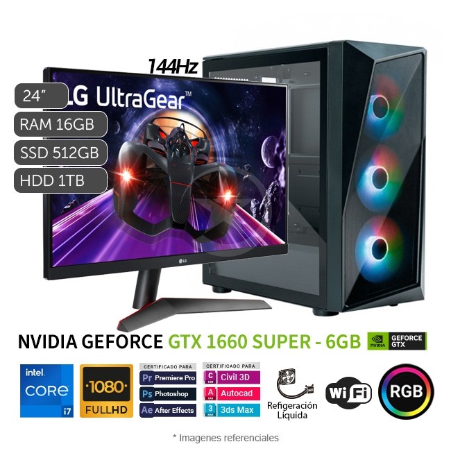 PC MAGIC Hydra Gold Gaming, Intel Core i7-11700K 3.6 GHz, RAM 16GB, SSD 512GB + HDD 1TB, Video 6GB GTX1660 SUPER, Wi-Fi, Monitor Gamer LG UltraGear 24'' 144Hz + Enfriamiento Liquido