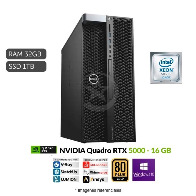 PC WorkStation Dell Precision T7820, Intel Xeon Silver 4210R 2.4 GHz (10 Núcleos), RAM 32 GB ECC, Sólido SSD 1TB, Video 16 GB NVIDIA Quadro RTX 5000, Windows 10 Pro