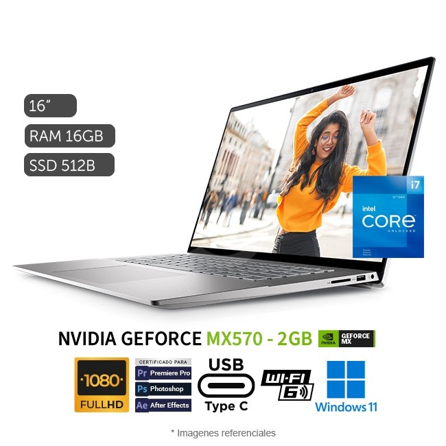 Laptop Dell Inspiron 16 5620, Core i7-1255U Hasta 4.7 GHz, RAM 16GB, SSD 512GB, Video 2GB NVIDIA MX570, LED 16.0'' FHD +, Windows 11 Home SP