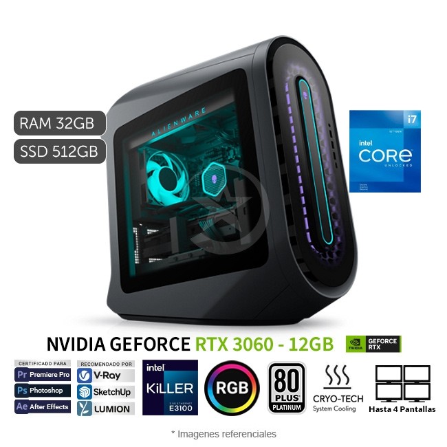 PC Dell Alienware Aurora R13 Gaming, Intel Core i7 12700F 2.1 GHz, RAM 32 GB, Sólido SSD 512 GB PCIe, Video NVIDIA GeForce RTX 3060 de 12GB, Windows 11 Pro