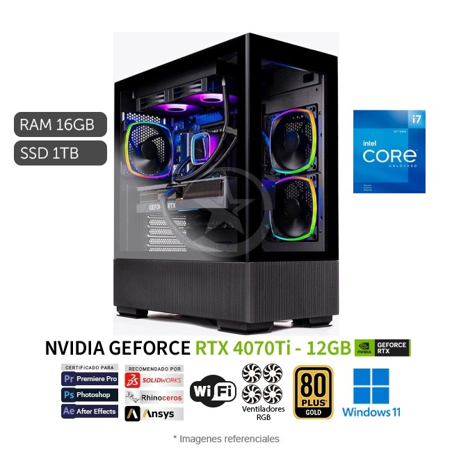 PC Gaming Skytech Azure, Core i7 12700F Hasta 4.9 GHz, RAM 16GB, SSD 1TB, ‎NVIDIA GeForce RTX 4070Ti de 12GB, Wi-Fi, Windows 11 Home