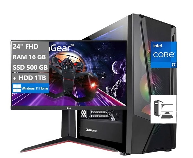 Combo-PC iBUYPOWER Blizzard Gaming, Intel Core i7-12700F Hasta 4.9 GHz, RAM 16GB, SSD 500GB + HDD 1TB, Video 4GB NVIDIA GTX 1650, Wi-Fi 6, Windows 11 Home + Monitor Gamer LG UltraGear 24'' 144Hz