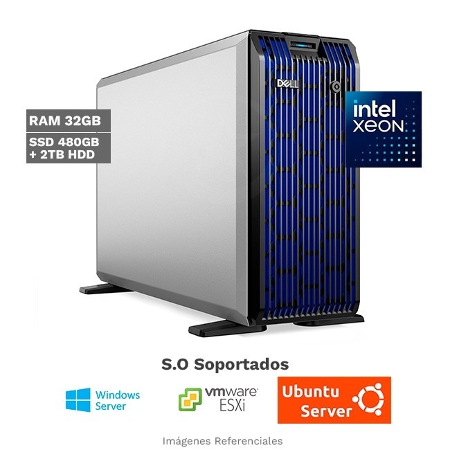 Servidor DELL PowerEdge T360 Torre, Intel Xeon 6353P Hasta 5.4, RAM 64 GB-UDIMM, SSD 480GB + HDD 2TB 7.2K, Controlador RAID H755, Fuente Dual de 600W, iDRAC 16G, 2x LAN LOM 1GbE - (INGRESO 20 MARZO)