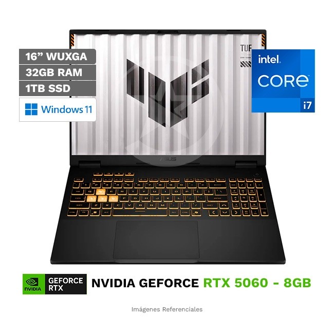 Laptop Asus TUF F16-FX608JM Gaming, Core i7-14650HX Hasta 5.2 GHz, RAM 32 GB, SSD 1TB, 8GB NVIDIA GeForce RTX 5060, 16" WUXGA a 165Hz, Windows 11 Home