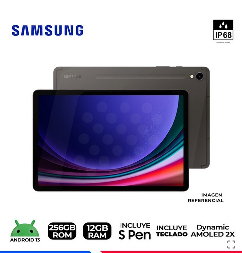 TABLET SAMSUNG GALAXY TAB S9 - 12GB RAM Almacenamiento 256GB ROM Pantalla 11 color plomo, incluye lapiz S PEN - Teclado Book Cover y cable de datos