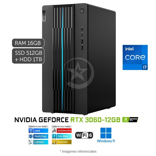 PC Lenovo Ideacentre Gaming 5 (17IAB7), Core i7-12700 Hasta 4,8 GHz, RAM 16GB, SSD 512GB + HDD 1TB, Video 12 GB NVIDIA® GeForce RTX 3060, Windows 11 Home