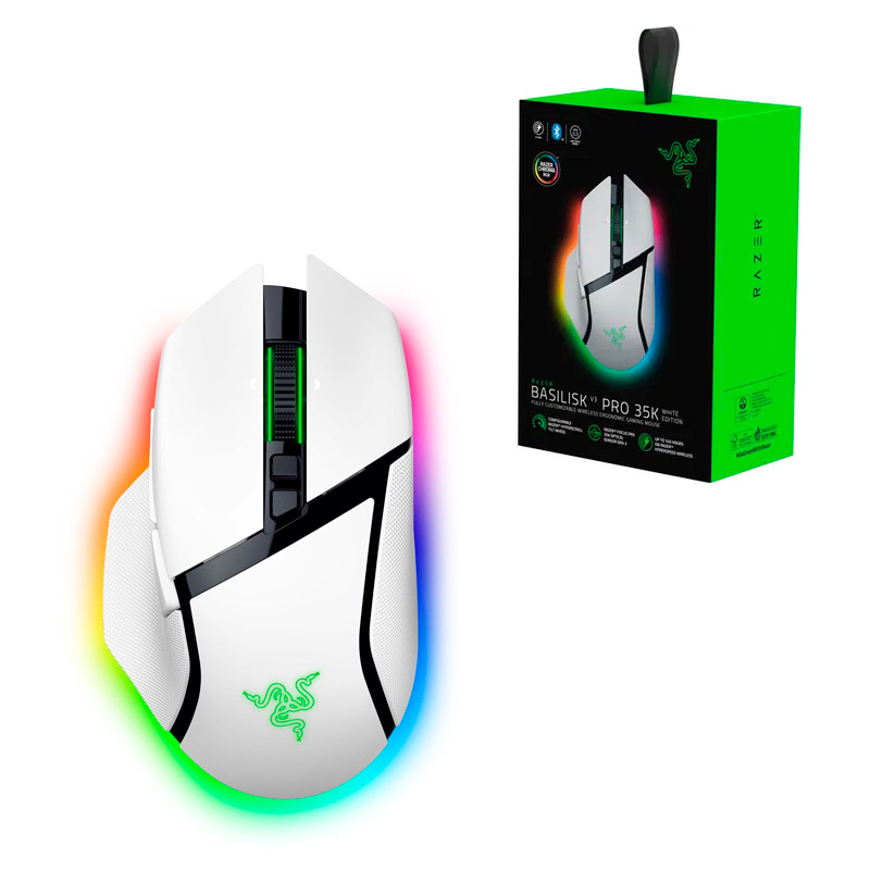 MOUSE RAZER BASILISK V3 PRO 35K DPI MULTI-DISPOSITIVO 210H WIRELESS / BT / USB-A SWITCH OPTICO 90M 13 ZONAS CHROMA WHITE (RZ01-05240200-R3U1)