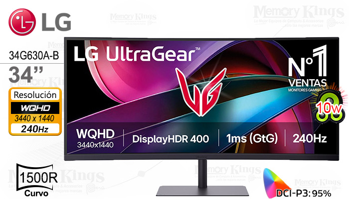 Monitor LG UltraGear 34G630A-B de 34" Curvo WQHD CON PARLANTE INTEGRADO
