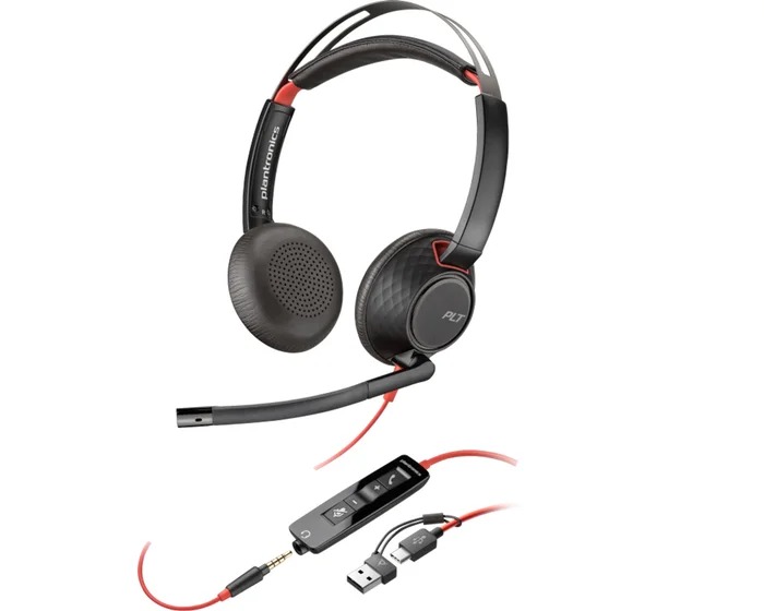 Audifonos Poly Blackwire 5220 + Conector de 3,5mm + Adaptador USB-C/A Negro 8X231AA