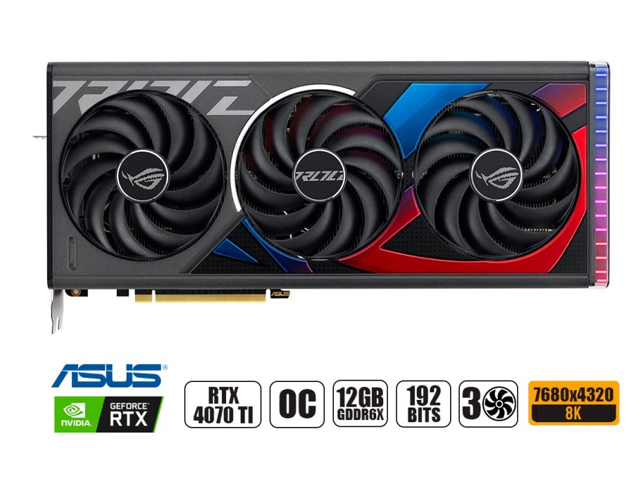 TARJETA DE VIDEO ASUS ROG STRIX RTX 4070TI 12GB GDDR6X OC GEFORCE NVIDIA 192 BITS, GRAFICO PARA VIDEOJUEGOS, 3 VENTILADORES ( 90YV0II0-M0AA00 )