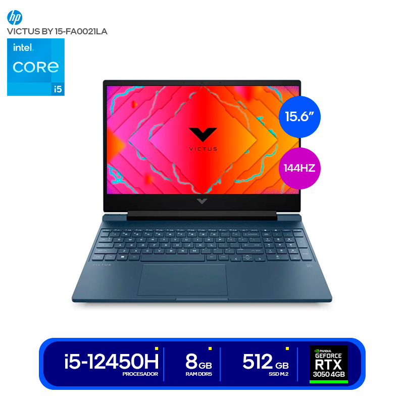 LAPTOP HP VICTUS BY 15-FA0021LA INTEL CORE I5-12450H 4.4GHZ 8GB DDR4 SSD 512GB PANTALLA 15.6 RTX 3050 4GB ( A14LCLA#ABM )