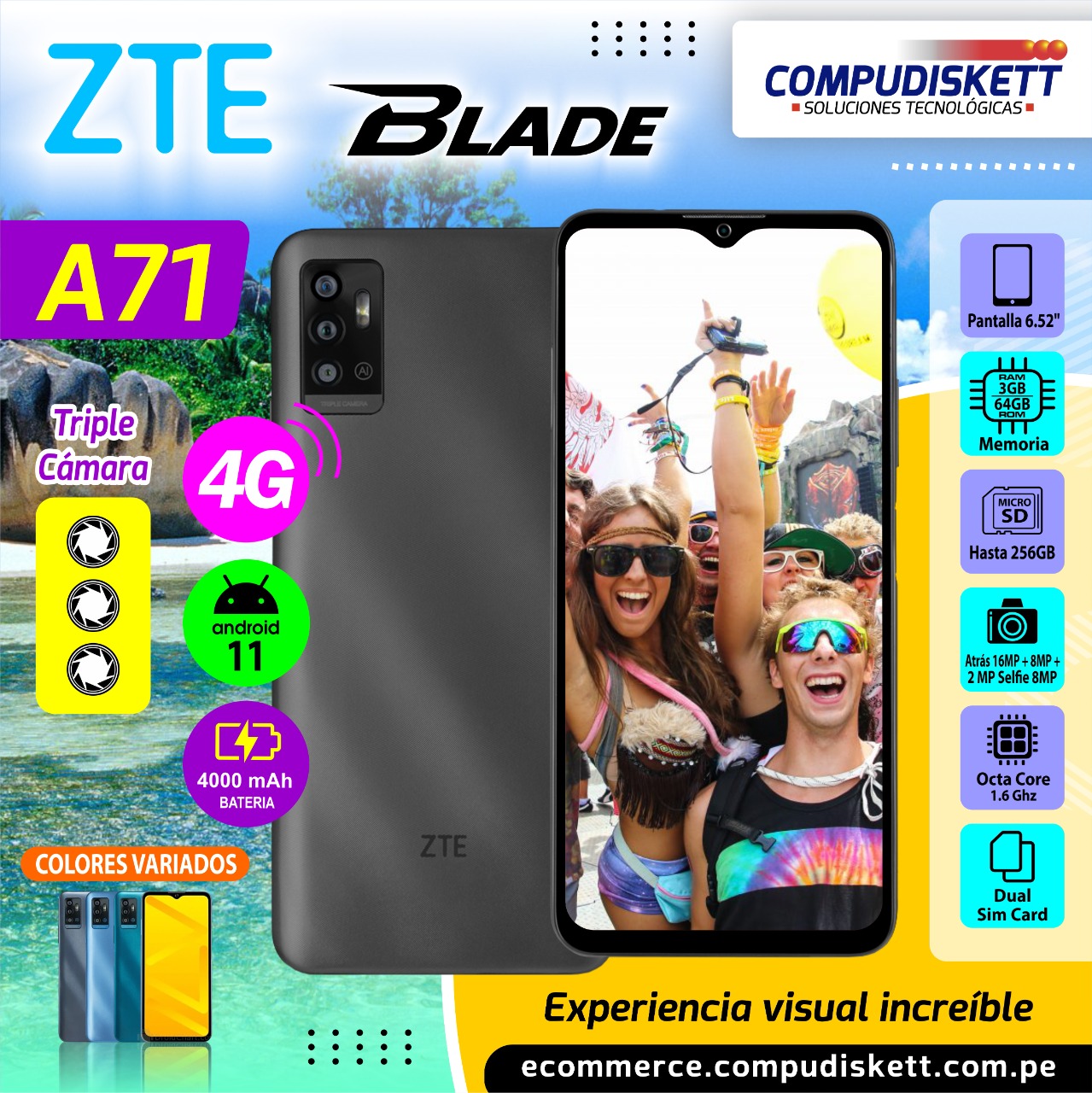 CELULAR ZTE A71 A7030, 6.5", 3/64GB, SS, 4G, AZUL                               
