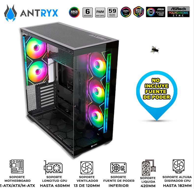 Case Antryx FX 970 Pro, Black, 5 Cooler ARGB, USB Tipo-C, 2 V/Templado