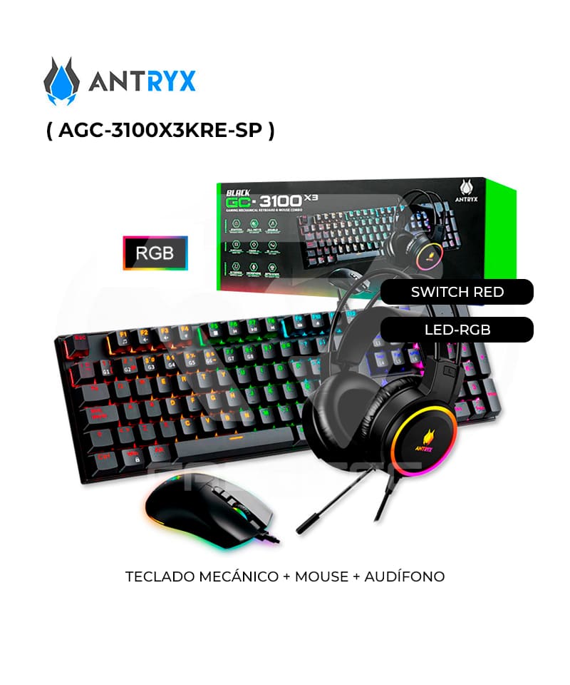 TECLADO+MOUSE +AURICULAR Gaming ANTRYX GC-3100 X3 SW RED RGB BLACK