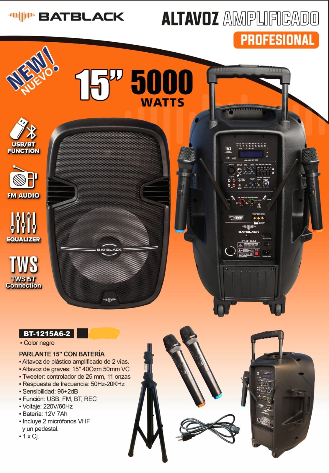 Parlante amplificado de 15 pulgadas batblack bt-1215A6-2 - 5000W