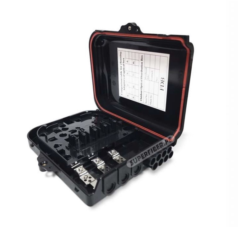 CAJA NAP 3x8 SALIDAS CON SPLITTER 1x8 PLC + 8 ENFRENTADORES SC/APC (CAJA COLOR NEGRO, CHAQUETA COLORES)