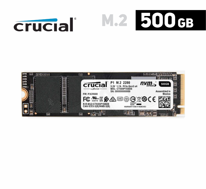 Unidad en estado solido Crucial P1, 500GB, M.2, 2280, PCIe NVMe Gen 3