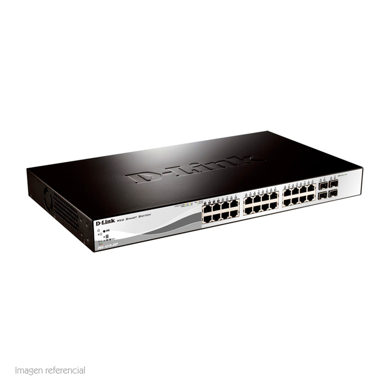 switch d-link dgs-1210-28p, capa 2, poe, 24 rj-45lan gbe, 4 puertos sfp, auto mdi/mdi