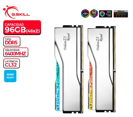 MEM. RAM G.SKILL TRIDENT Z5 ROYAL RGB, SILVER, 96GB (48x2), DDR5 6400 MHZ, CL32