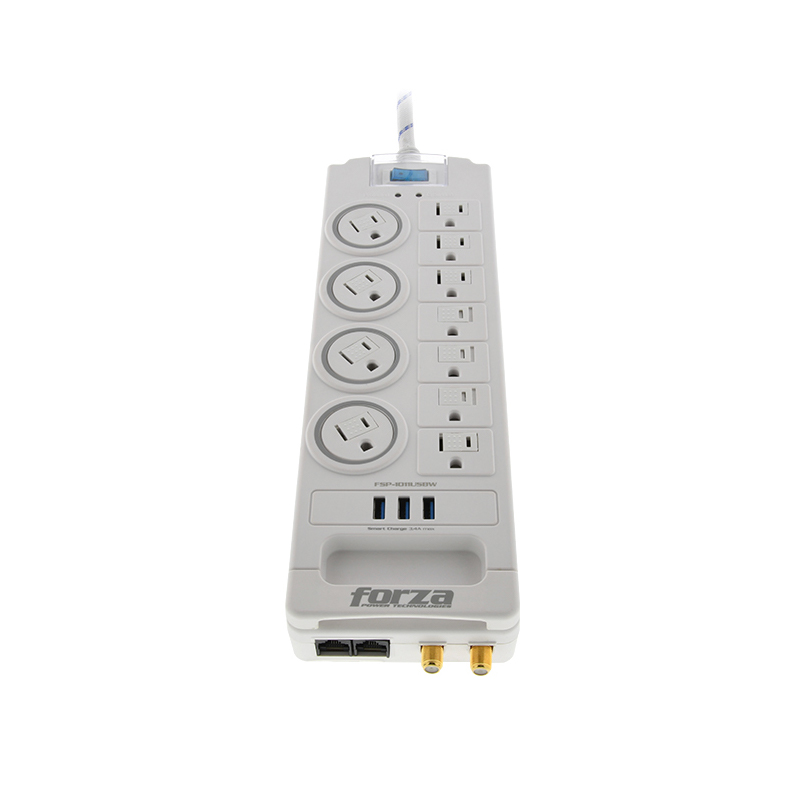 PROTECTOR DE SOBRETENSION FORZA FSP-1011USBW11 salidas, 3 puertos USB, 2 RJ45 & 2 coaxial