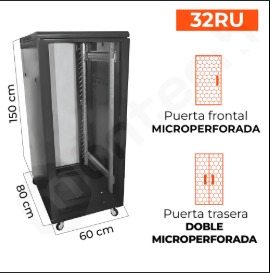 Gabinete de Piso para Servidores / 32 RU / 60x80x150 cm (AnchoxProf.xAlt.) / Puerta Frontal Microperforadas y Posterior doble Microperforadas
