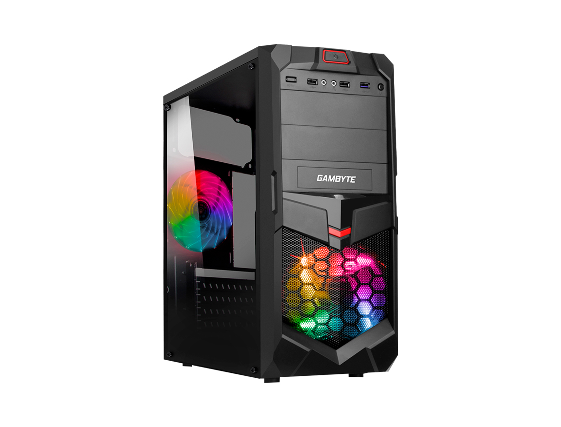 CASE GAMBYTE TRECIO FUENTE 600W, CON PANEL ACRILICO RAINBORW, 2 VENTILADORES LED RGB, 3 PUERTOS USB, SALIDA DE AUDIO, COLOR NEGRO (GI-TRECIO)