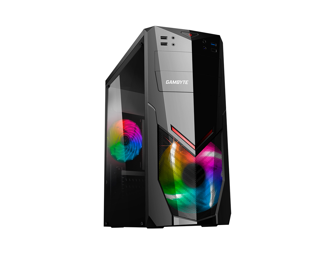 CASE GAMBYTE GLAUCO FUENTE 600W, CON PANEL ACRILICO RAINBOW, 2 VENTILADORES, LED RGB, 4 PUERTOS USB, SALIDA DE AUDIO, COLOR NEGRO (GI-GLAUCO)