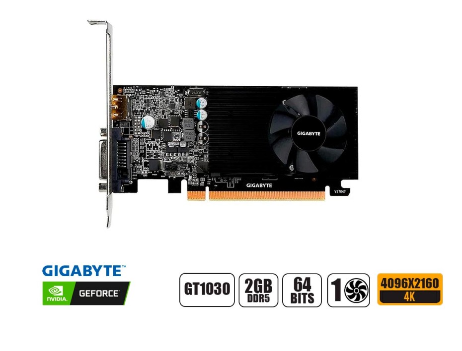TARJETA DE VIDEO GIGABYTE GT1030 2GB DDR5 NVIDIA 64BITS (GV-N1030D5-2GL)