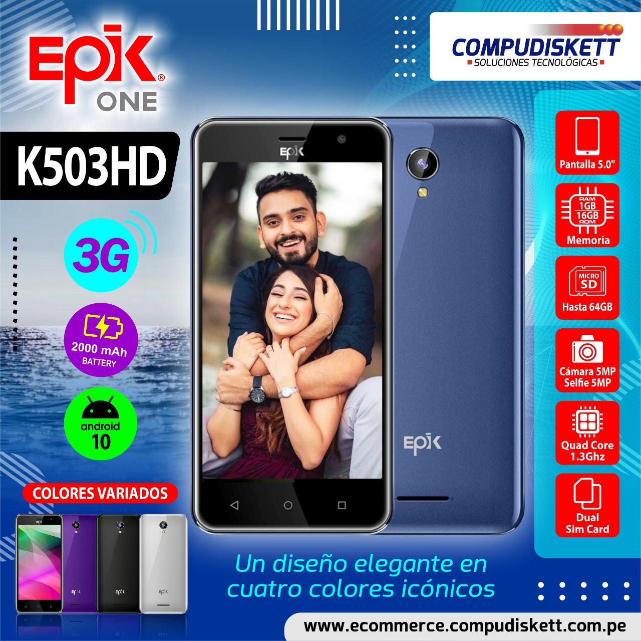 CELULAR EPIK K503HD 5.0\", 1/16 GB, 3G, BLUE