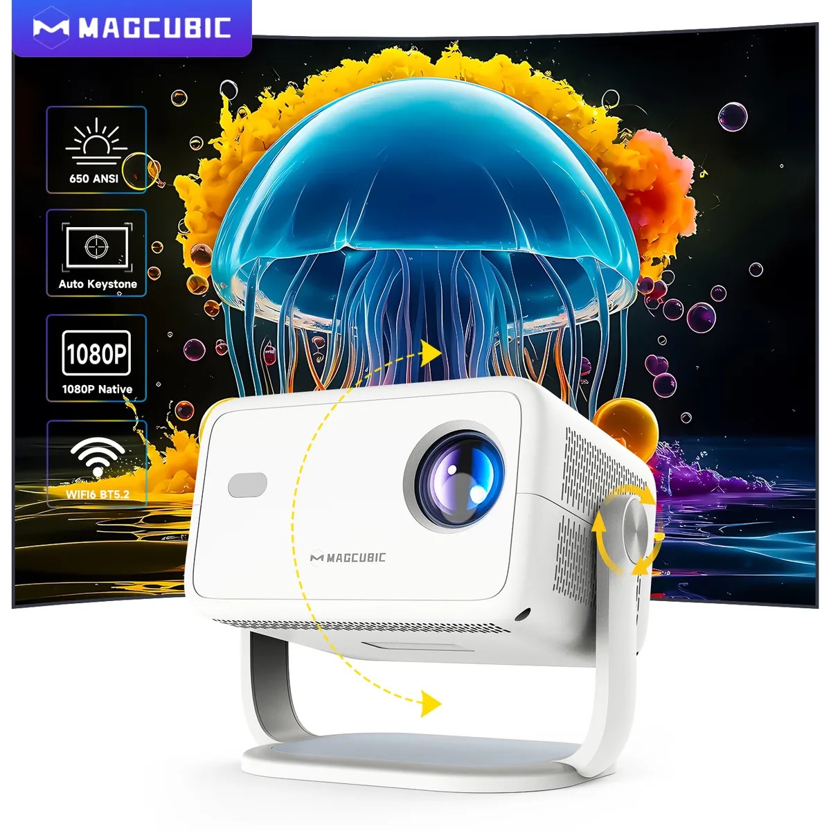 Proyector Magcubic L018 Smart 1080P AutoFocus, resolución Full HD 1920×1080, enfoque automático, corrección de imagen, conectividad Wi-Fi/Bluetooth y sistema Smart, ideal para entretenimiento y presentaciones.