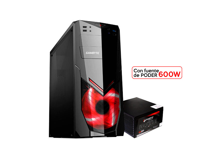 CASE GAMBYTE GLAUCO ( GI-GLAUCO ) 600W | NEGRO | 1 PANEL ACRILICO | LED- ROJO