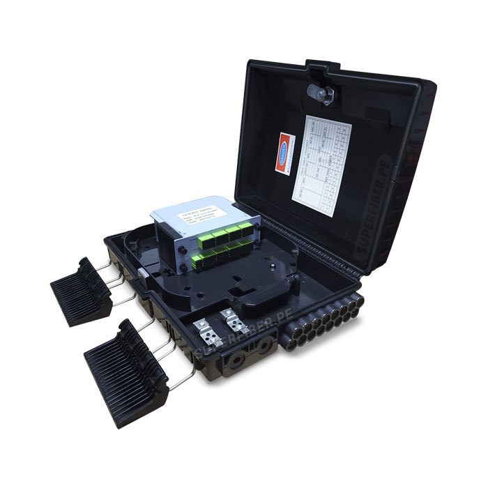 CAJA NAP 2x16 SALIDAS CON SPLITTER 1x16 PLC + 16 ENFRENTADORES SC/APC (CHAQUETA COLORES) (CAJA DISTRIBUCION FIBRA OPTICA)