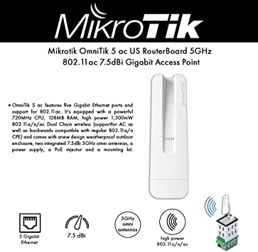OMNITIK 5 AC - RBOMNITIKG-5HACD - WITH 2 X 7.5DBI INTEGRATED 5GHZ OMNI ANTENNAS, HIGH GAIN DUAL CHAIN 802.11AN/AC WIRELESS, 720MHZ CPU, 128MB RAM, 5XGIGABIT LAN, POE, PSU, POLE MOUNT, ROUTEROS L4