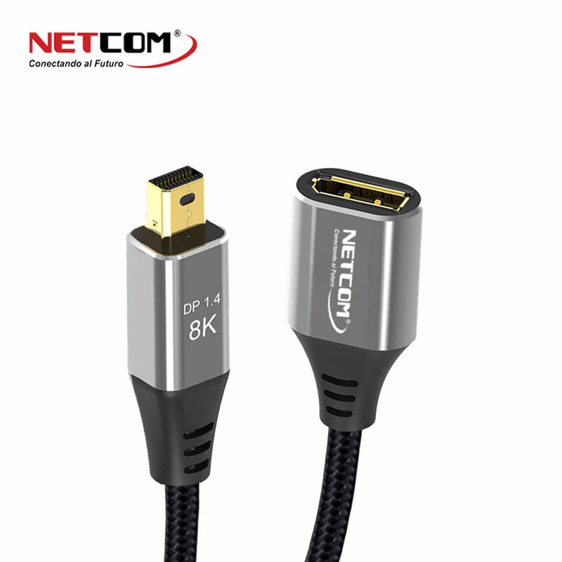 CABLE ADAPTADOR DE MINI DISPLAYPORT DP 1.4 MACHO A DISPLAYPORT DP 1.4 HEMBRA ULTRA HD 8K A 60HZ BIDIRECCIONAL FORRADO EN NYLOM CON CONECTORES DE ALUMINIO NETCOM