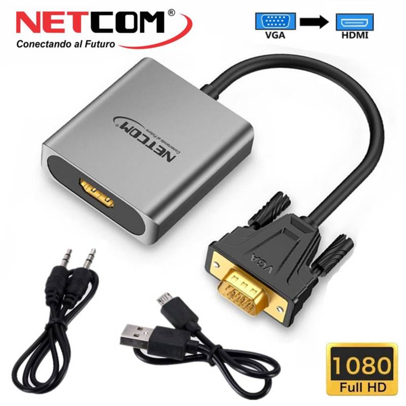 CABLE ADAPTADOR DE VGA MACHO A HDMI HEMBRA FULL HD 1080P DE ALUMINIO NETCOM