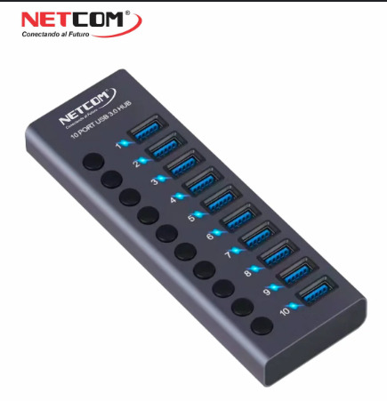 HUB USB 3.0 DE 10 PUERTOS CON SWITCH INDEPENDIENTE HASTA 5GBPS Y ADAPTADOR DE CORRIENTE 12V/5A NETCOM